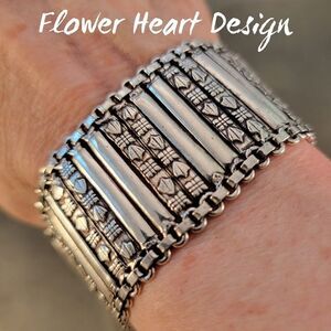 Artisan Sterling Rajasthani Wide Decorative Heart Flower Embossed Link Bracelet